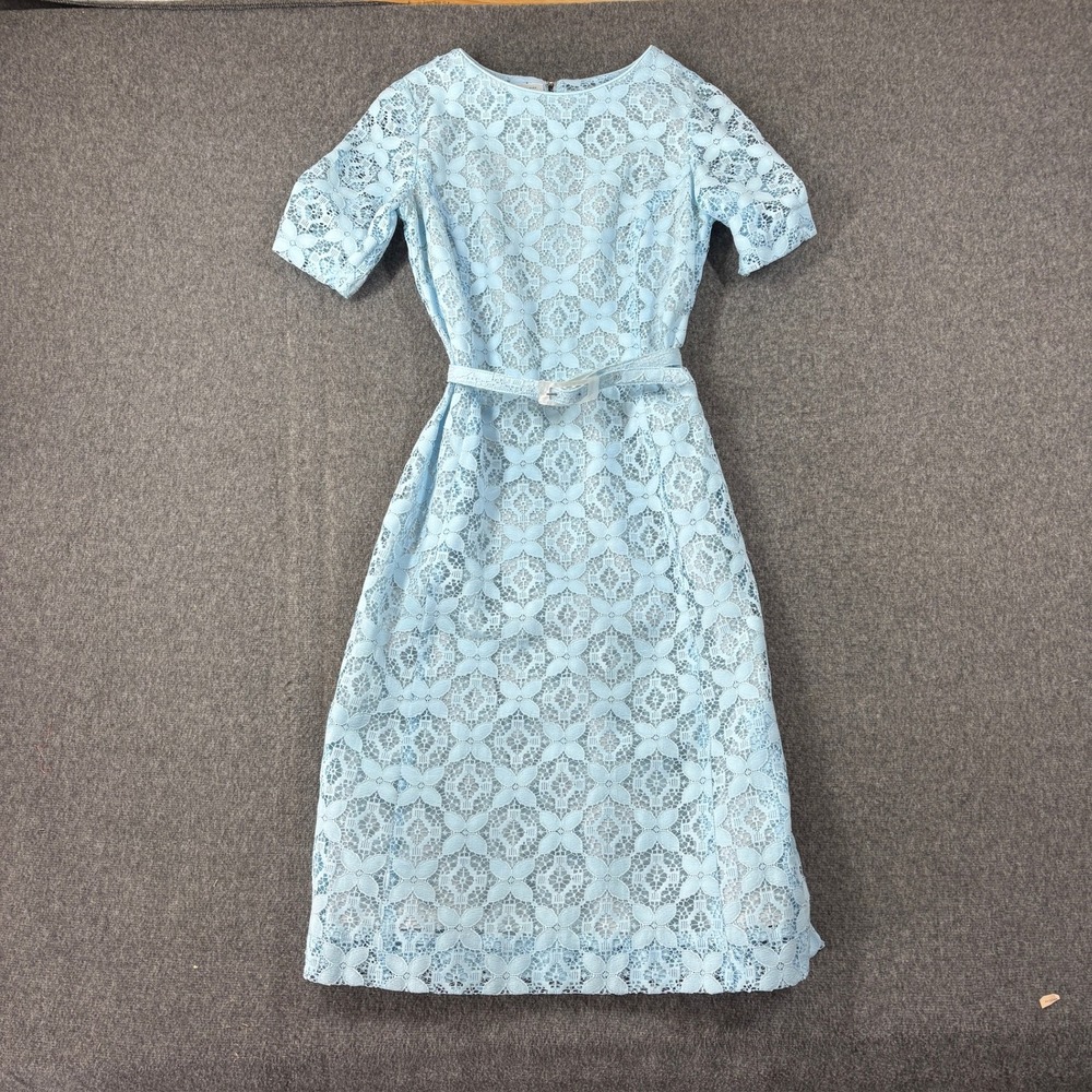 Nelly Don Vintage Blue Floral Lace Midi Wiggle Dress‎ Belted Pastel XS